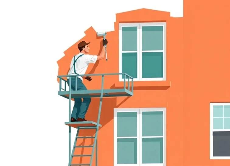 Peintre sur échafaudage traitant la façade d'une maison