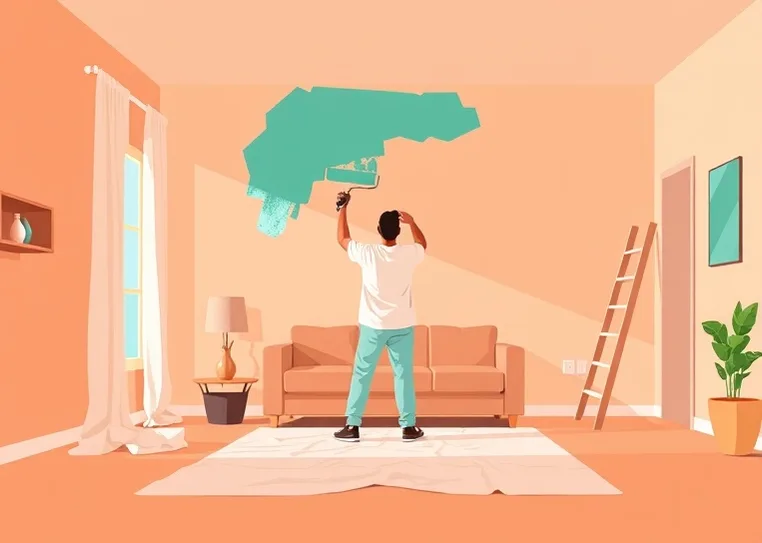 Peintre appliquant la peinture au rouleau sur un mur de salon